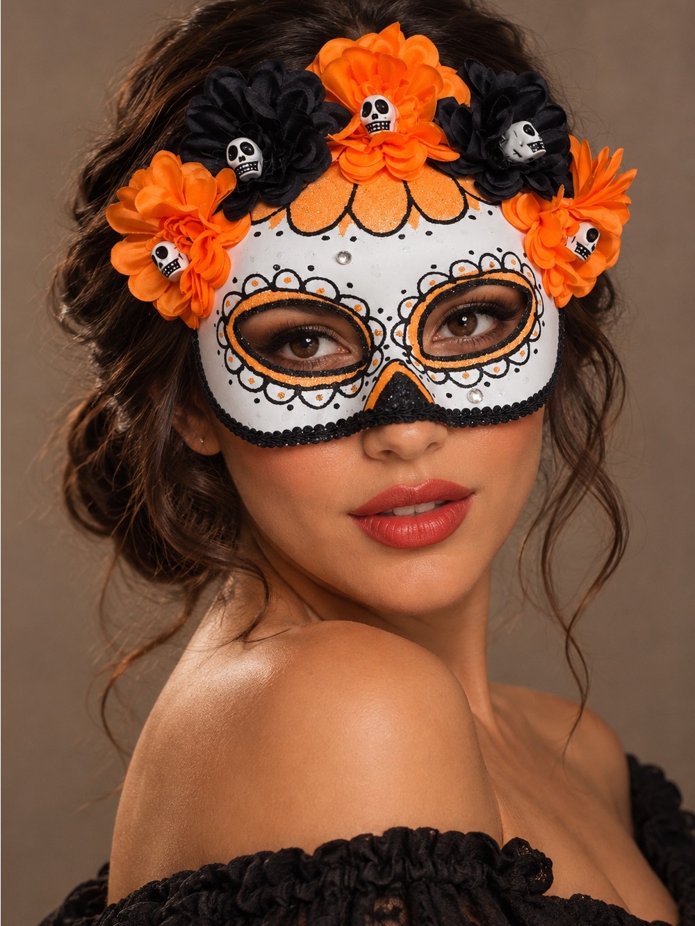 Festive Orange & Black Floral Sugar Skull Face Mask